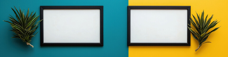 Fototapeta premium Black frames with tropical leaves on vibrant teal and yellow backgrounds