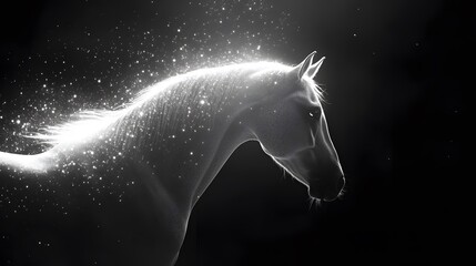 Naklejka premium Neon White Horse, Unicorn, on Black Background, Abstract Image, Texture, Pattern Background, Wallpaper, Cover and Screen of Smartphone, PC, Laptop, 9:16 and 16:9 Format