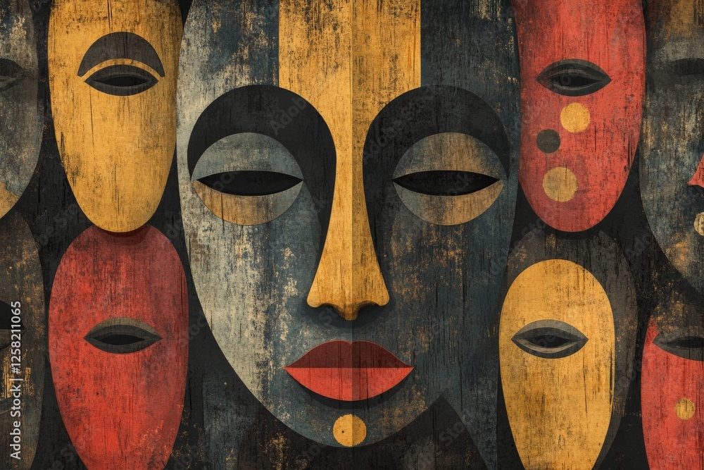 Poster vibrant abstract representation of traditional masks with diverse colors and patterns on a textured 