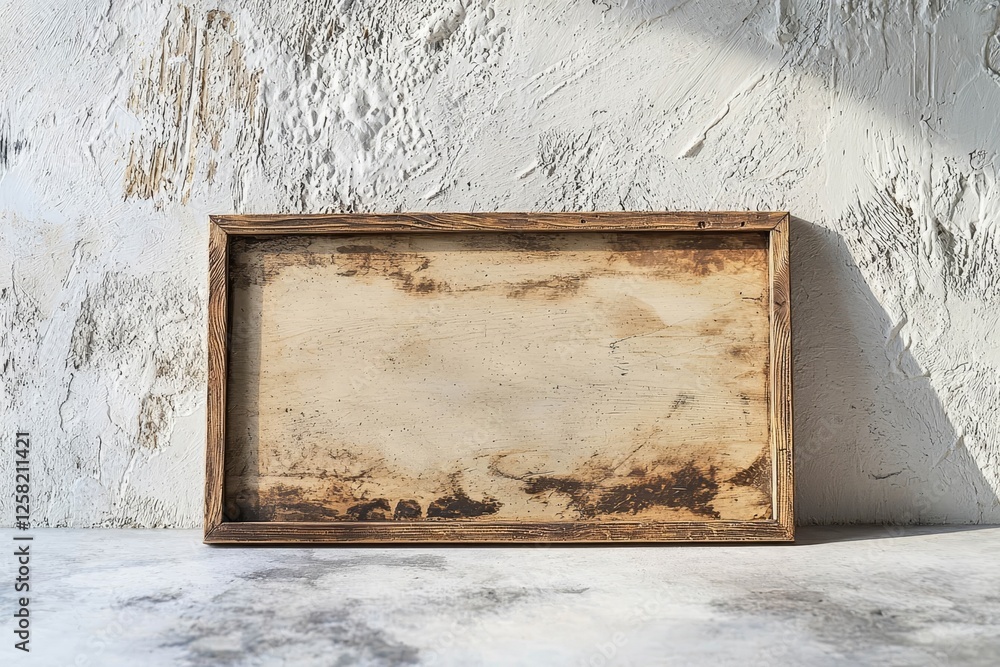 Aufkleber rectangular wooden frame leaning on textured wall with empty white space.