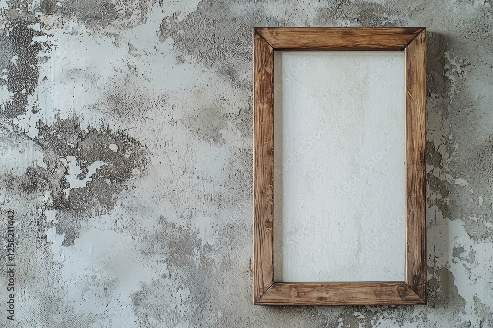 Aufkleber rectangular wooden frame leaning on textured wall with empty white space.
