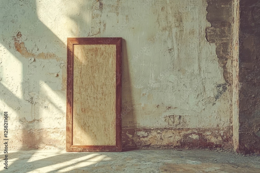 Aufkleber rectangular wooden frame leaning on textured wall with empty white space.
