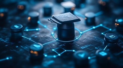 Graduation Cap on Digital Network Represents Online Education