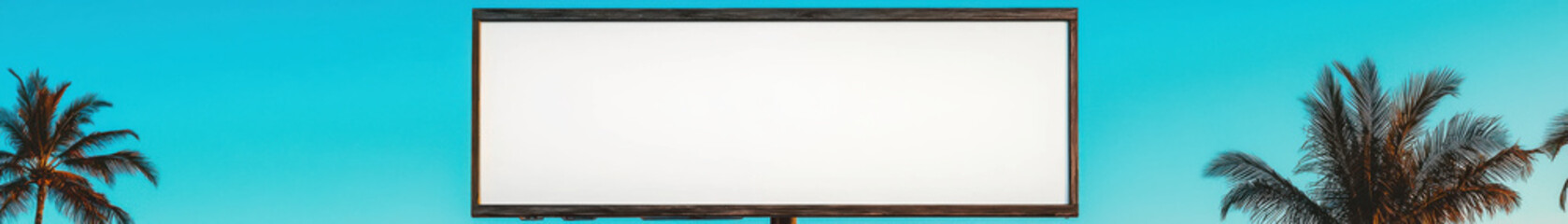 Blank billboard with tropical background featuring palm trees and clear blue sky