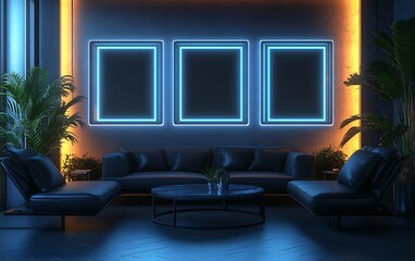 Neon-lit living room, empty frames, plants, modern design, interior mockup