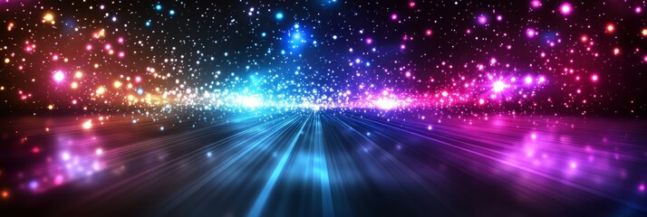 Naklejka premium Starlight Highway A Tunnel of Golden, Pink, and Blue Light Streaks on a Starry Night