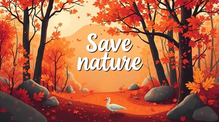 Autumn forest scene featuring "Save nature" text with vibrant orange foliage and a white swan