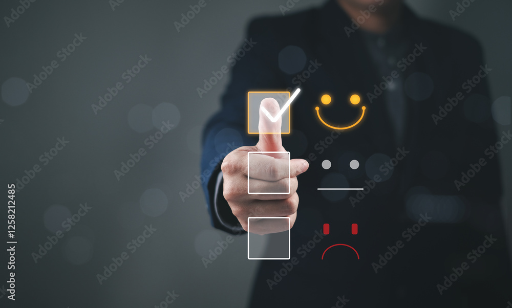 Poster business professional evaluates options through a feedback interface, displaying various emoticons r