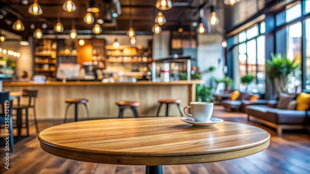 Aufkleber a close-up view of a wooden cafe table with a cup of coffee, blurred background of the cafe interior