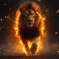 Naklejka premium Majestic lion walking through flames in a dramatic, fiery landscape at dusk showcasing generative AI artistry. Generative AI