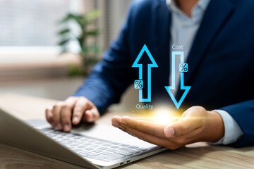 Business strategy success Cost and quality control for effective management Achieving goals, Businessman analyzing growth graph and cost reduction, Success business growth for long-term investments.