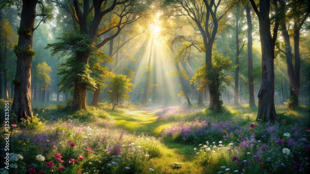 Poster golden sunlight pierces through a canopy of lush green trees, illuminating a path leading through a 