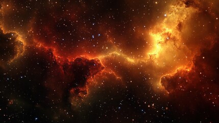 Naklejka premium Fiery nebula with orange and red cosmic clouds, stars.