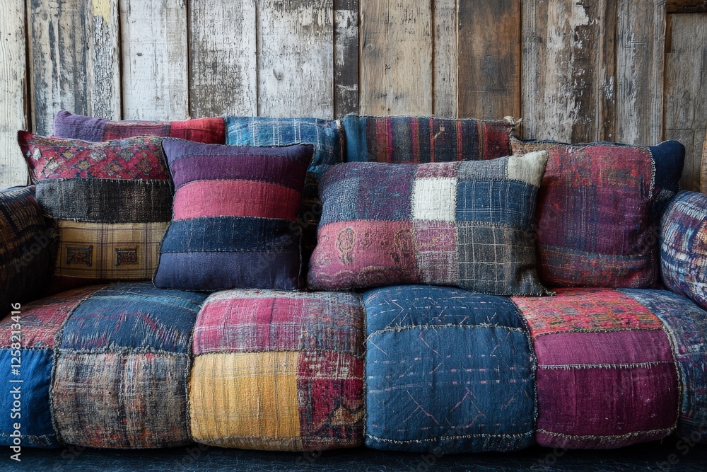 Aufkleber colorful patchwork sofa adorned with eclectic cushions in a rustic setting