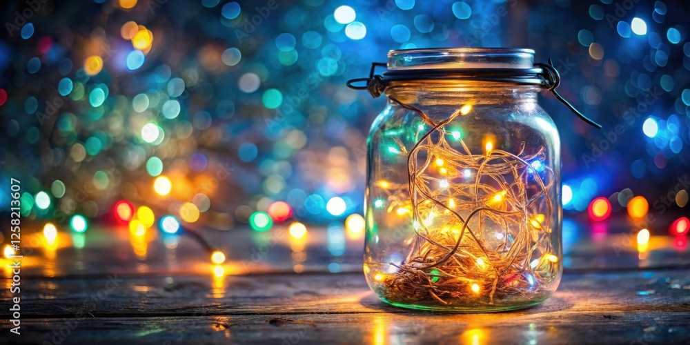 Poster a glass jar filled with twinkling fairy lights sits on a rustic wooden surface, illuminated by a mes