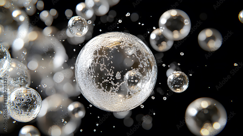 Poster a captivating image of floating bubbles, showcasing their shimmering surfaces and intricate details 