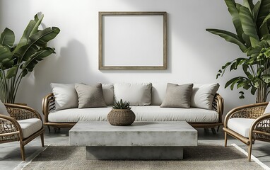 Modern living room, rattan furniture, plants, mockup frame, sunlight
