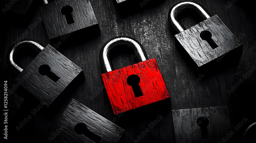 Poster a striking image of multiple padlocks, featuring one red padlock among black ones, symbolizing secur