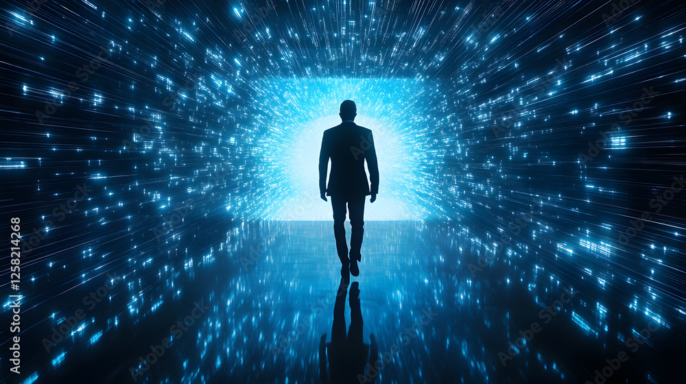 Poster a silhouette of a person walking towards a bright blue light, surrounded by shimmering particles, ev