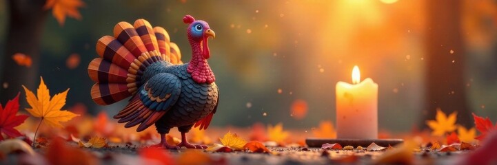 Colorful cartoon turkey surrounded by vibrant autumn leaves and warm candlelight, harvest scene, thanksgiving decor, happy turkey