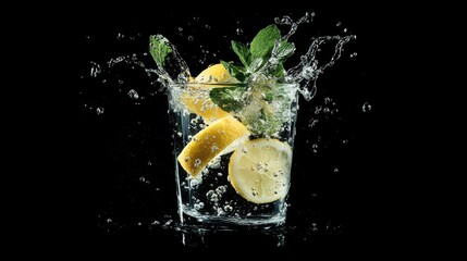 A glass of sparkling water with lemon slices and fresh mint, with effervescent bubbles and splashing water.