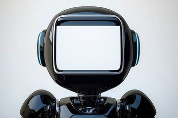 Black humanoid robot with glowing accents showcases a blank sheet in a matte silver frame.,,,