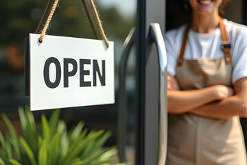A glass door with a white sign displaying 'OPEN' with lady shop owner in a warm cafe interior.