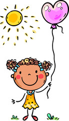 Cute little girl standing outdoors with balloon. Happy cartoon kids colorful illustration, isolated character