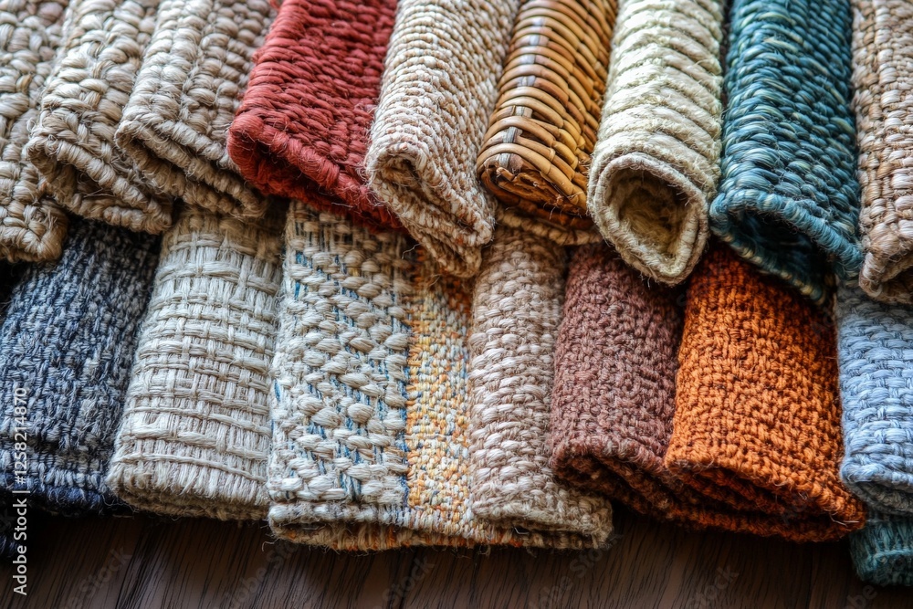 Aufkleber varied textures of woven fabrics displayed in a colorful array on a wooden surface