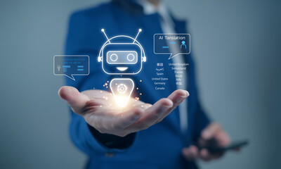 A business Translate language professional interacts with a digital chatbot, showcasing the...