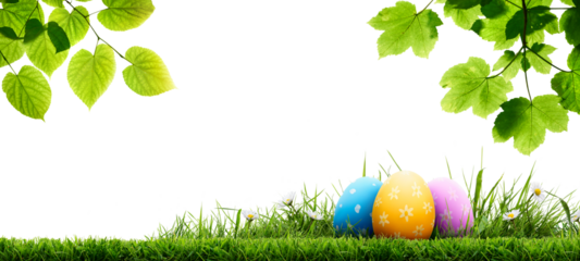 A collection of painted easter eggs under bright green tree leaves celebrating a Happy Easter in spring with green short cut meadow grass against an isolated transparent background.