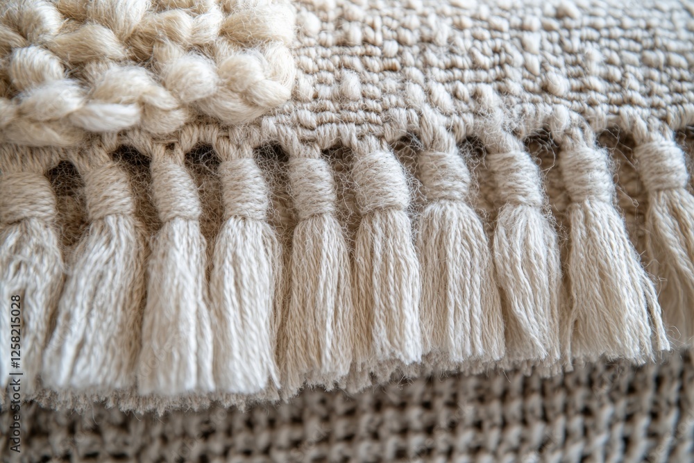 Aufkleber textured fabric with intricate woven patterns and soft fringes displayed on a warm, neutral-toned ba