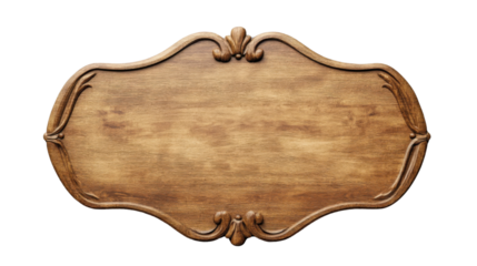 Elegant wooden sign with ornate carved frame on transparent background