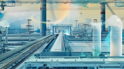 Аnimated video of a vast, bustling industrial facility, where assembly lines operate precision. Robotic arms should move with fluid grace, smoothly forging and welding components