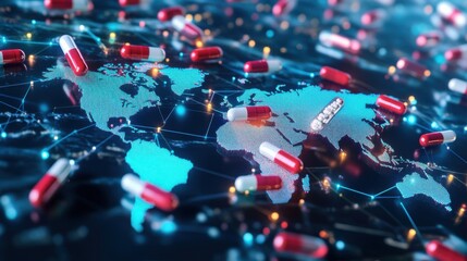 An AI-powered global pharmaceutical trade hub, interactive digital maps tracking shipments of medicine worldwide