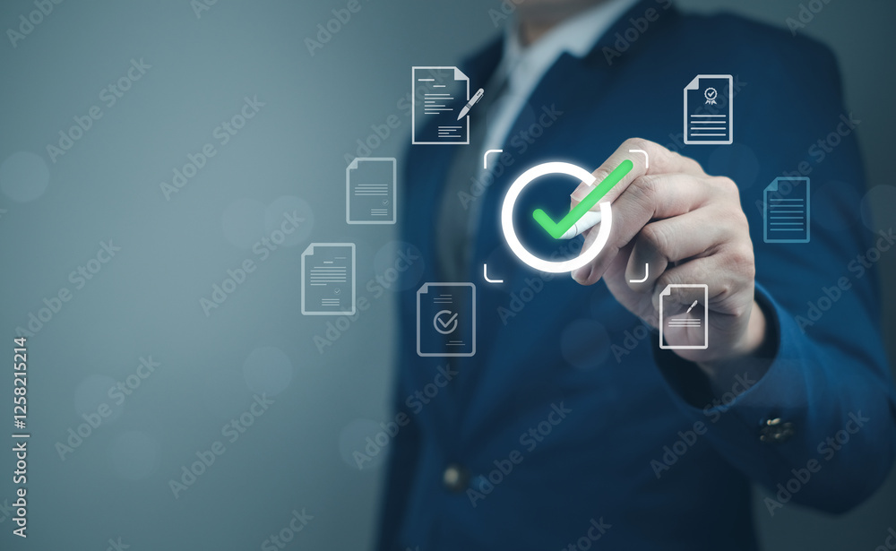 Poster a digital icon representing approved documents for evaluating business project proposals and ensurin