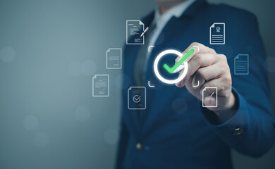 A digital icon representing approved documents for evaluating business project proposals and ensuring quality assurance.