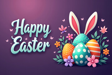 Digital illustration colorful Easter eggs, bunny ears, flowers, butterflies, and a bold, on the left side, the text 'Happy Easter' is prominently displayed in a bold, cursive font.