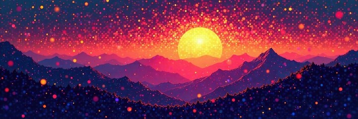 Naklejka premium Colorful dots arranged in a grid forming an image of a sunset over mountains, trees, texture