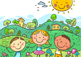 Happy cartoon kids having funn otdoors together. Summer colorful illustration