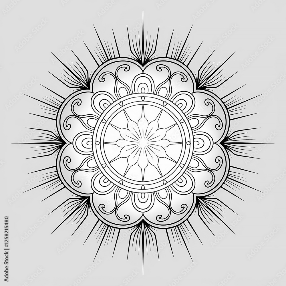 Poster intricate esoteric mandala design with radiating patterns on a light background.