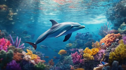 Fototapeta premium Dolphin swimming coral reef ocean underwater wildlife (4)