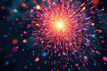 Colorful explosive bursts of confetti-like debris radiating from a central point, explosion, burst