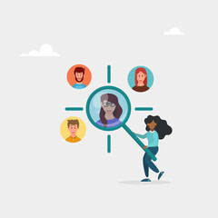 Manager with magnifying glass focuses on clients. Customer-centric marketing strategy for product and service development. Vector illustration.
