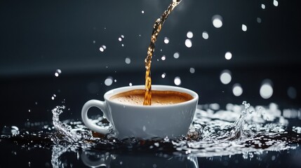 A shot of espresso being poured into a cup, with dramatic water splashes adding energy.