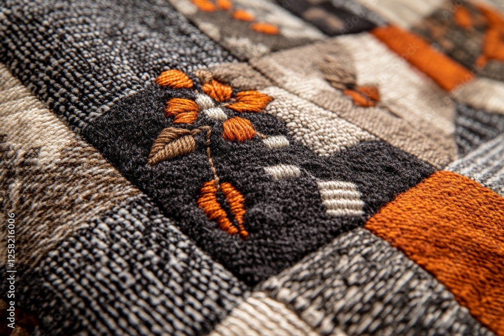 Poster close-up view of a textured fabric patchwork featuring flowers and rich colors in a warm setting