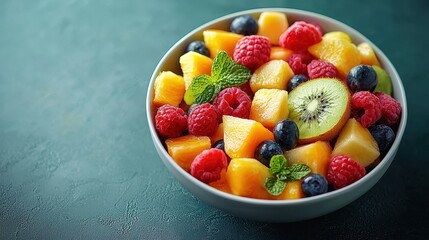 Fresh Mixed Fruit Salad Bowl with Berries and Melon for Summer