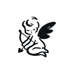 Fototapeta premium Minimalistic hand-drawn cupid baby with a bow in black and white