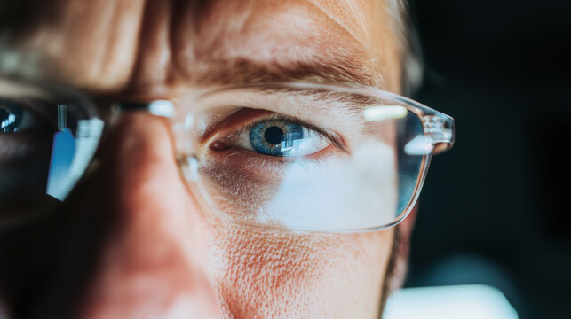 Office workers focusing on eye wellness during workplace eye wellness month with blue light glasses at high resolution monitors
