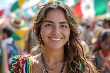 Smiling hispanic young woman holding mexican flag at outdoor festival. Mexican Independence Day